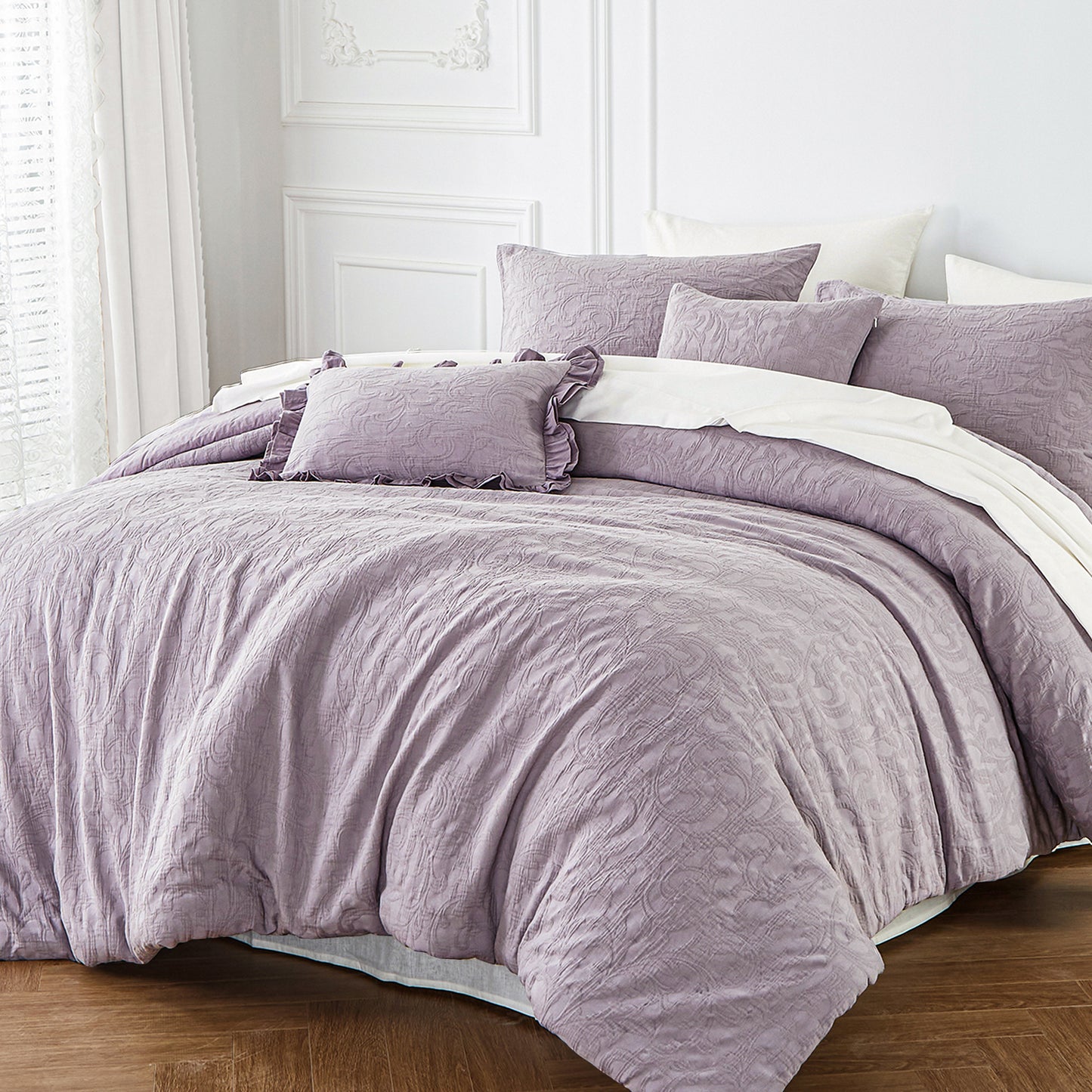 Cotton Queen Comforter Set, Mauve Vintage Farmhouse Comforters Queen Size Pre Washed, Jacquard Comforter Set Bedding 3 Pieces (1 Comforter, 2 Pillowshams)