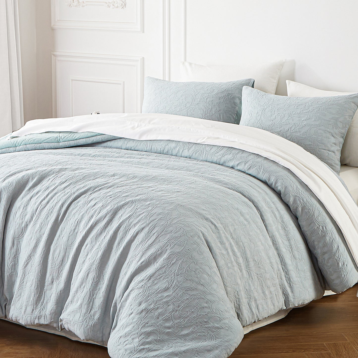 Cotton King Size Comforter Set, Sky Blue Vintage Farmhouse Pre Washed, Jacquard King Size Comforter 3 Pieces (1 Comforter, 2 Pillowshams)