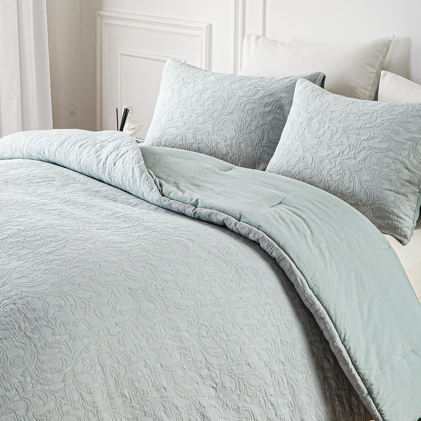 Cotton King Size Comforter Set, Sky Blue Vintage Farmhouse Pre Washed, Jacquard King Size Comforter 3 Pieces (1 Comforter, 2 Pillowshams)