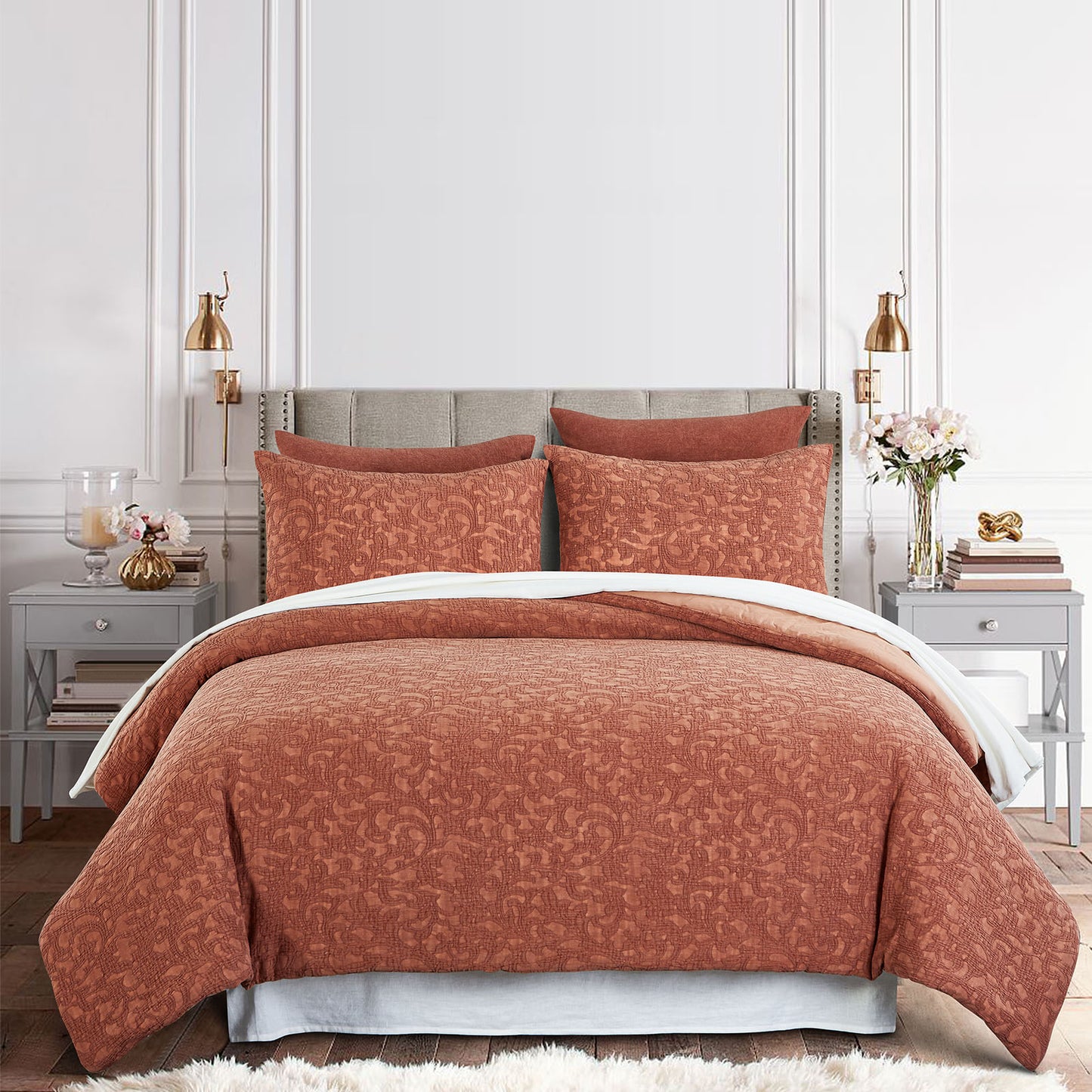 Comforter Set Burnt Orange 100% Washed Cotton Jacquard 3 pcs set