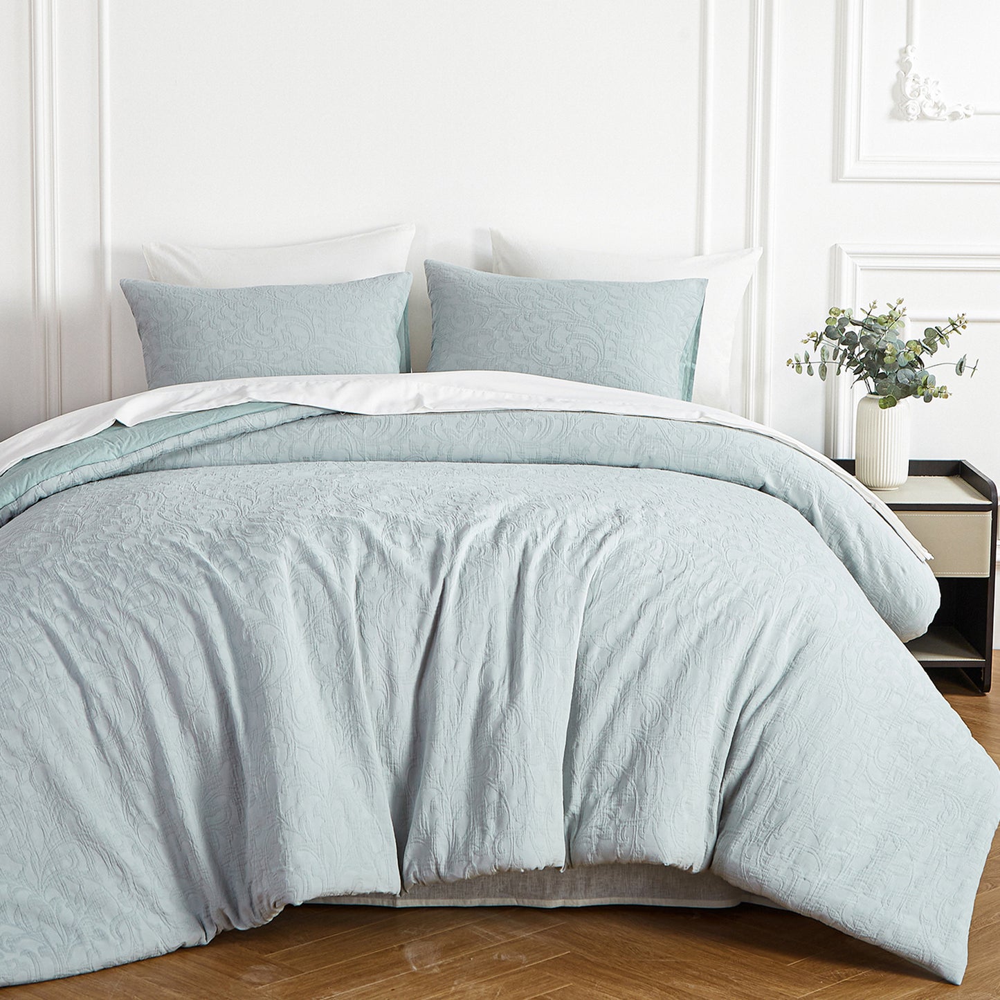 Cotton King Size Comforter Set, Sky Blue Vintage Farmhouse Pre Washed, Jacquard King Size Comforter 3 Pieces (1 Comforter, 2 Pillowshams)