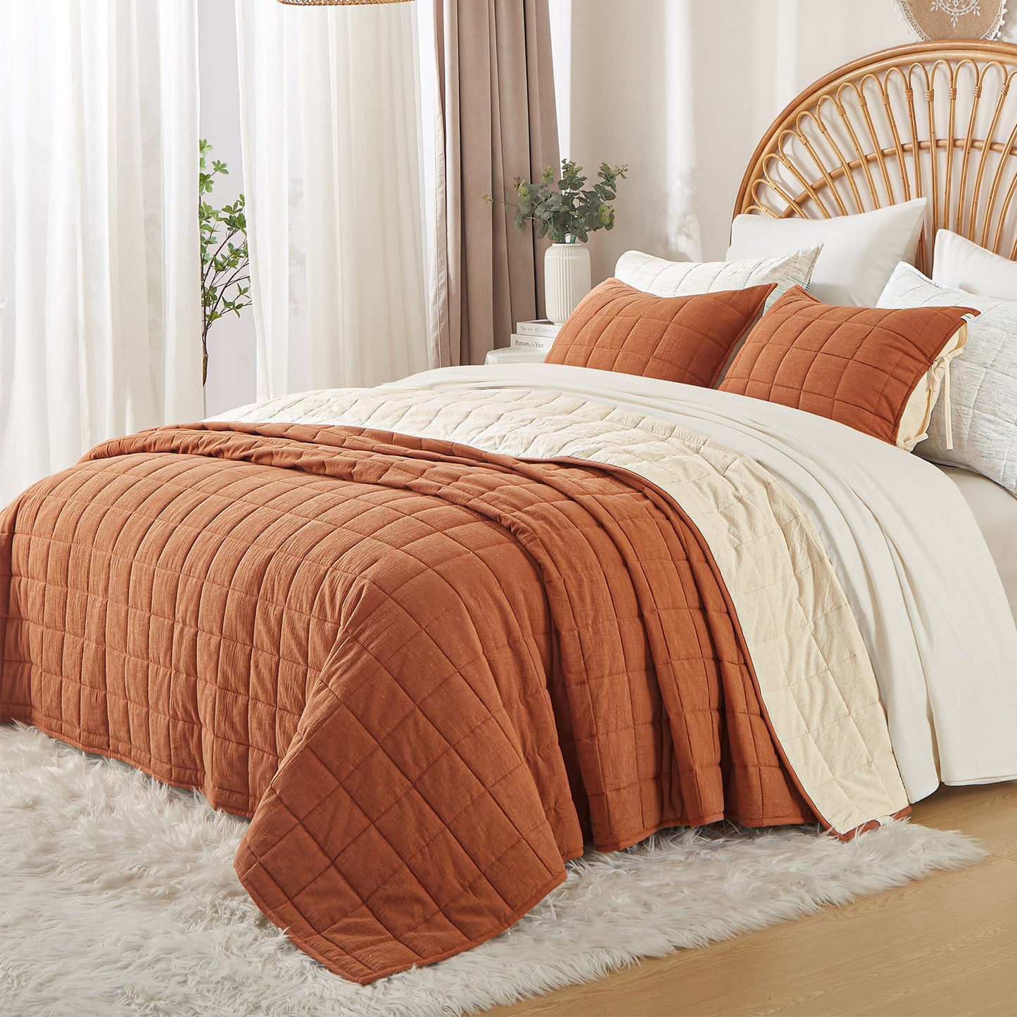 Softpage Quilt set Cotton Linen Burnt Orange Classic Stripe Bed Spreads