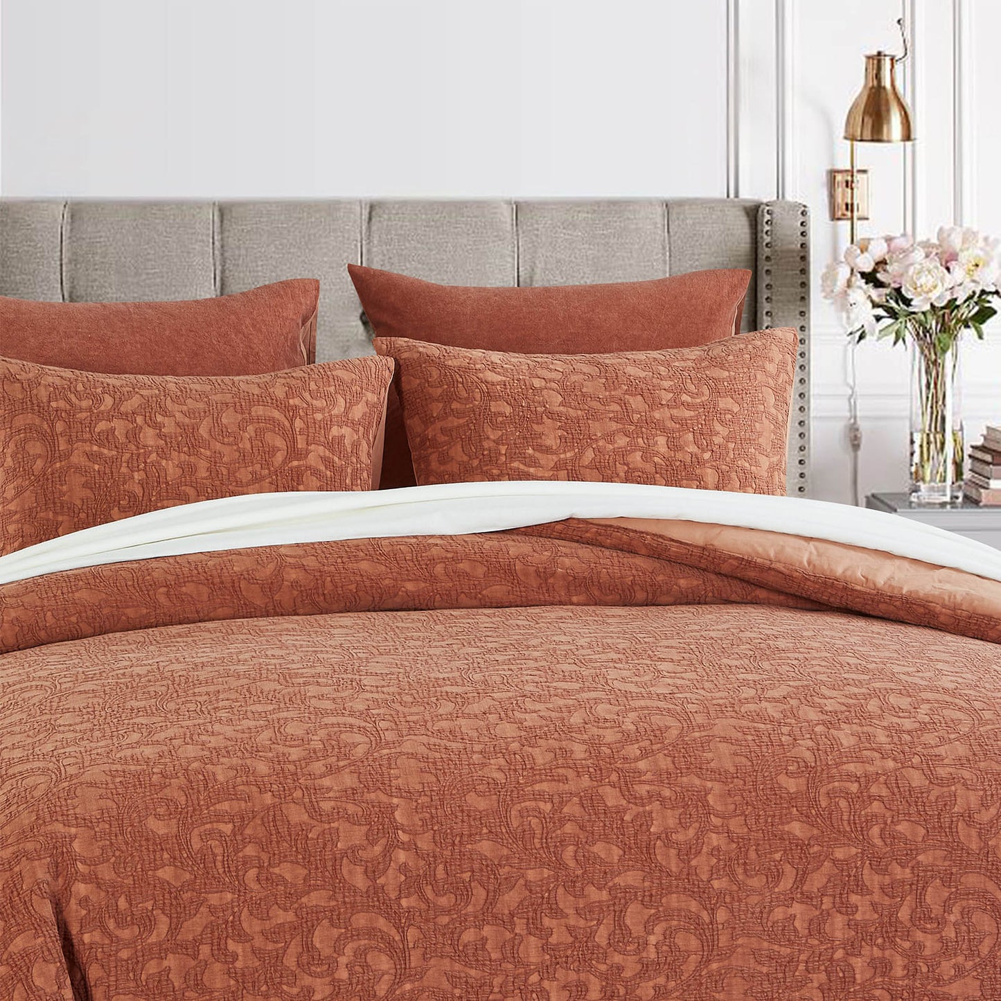 Comforter Set Burnt Orange 100% Washed Cotton Jacquard 3 pcs set