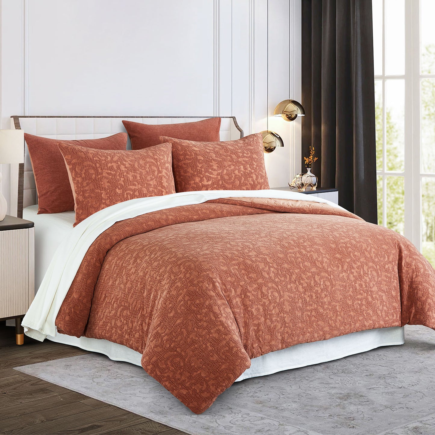 Comforter Set Burnt Orange 100% Washed Cotton Jacquard 3 pcs set