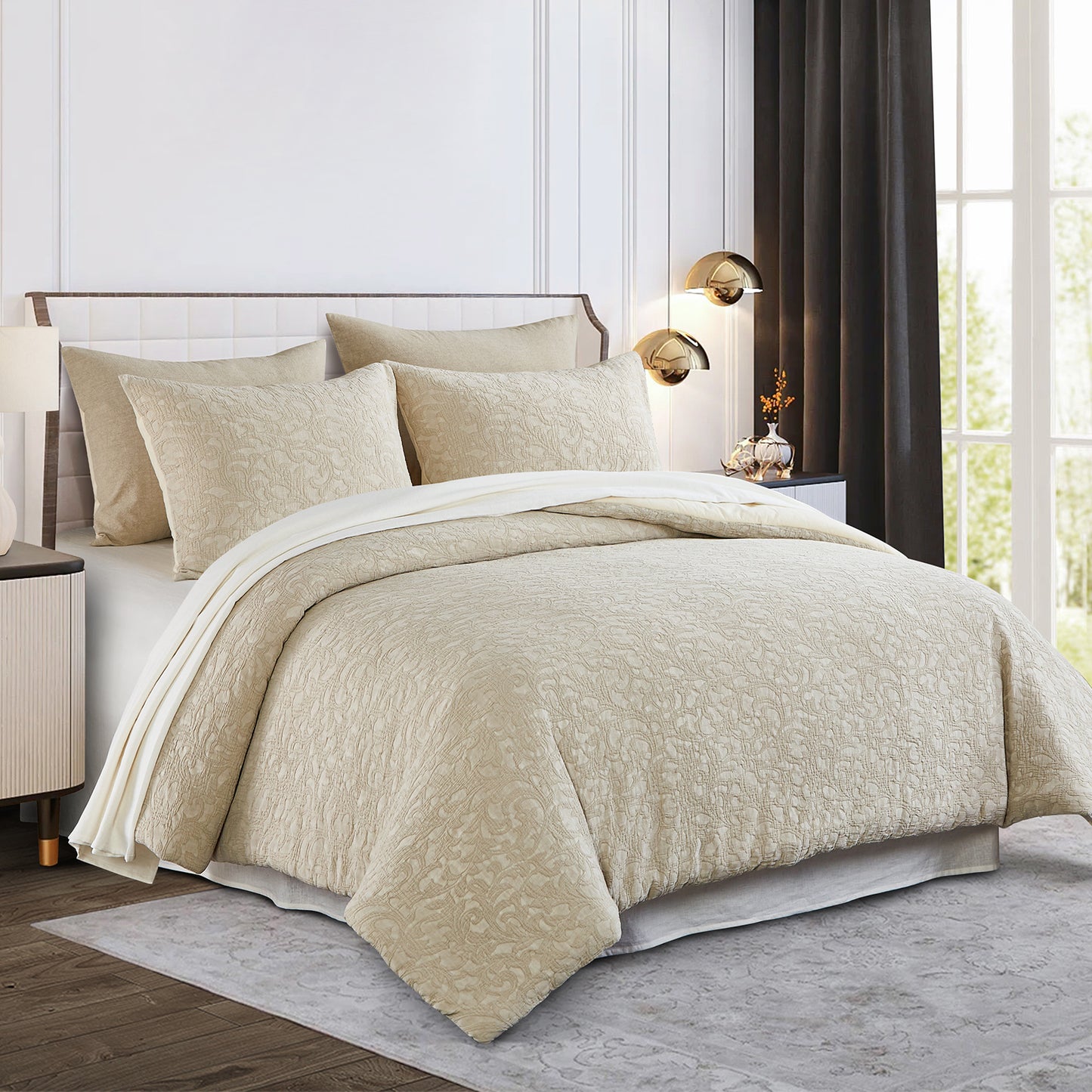 Comforter Set Beige 100% Washed Cotton Jacquard 3 pcs set