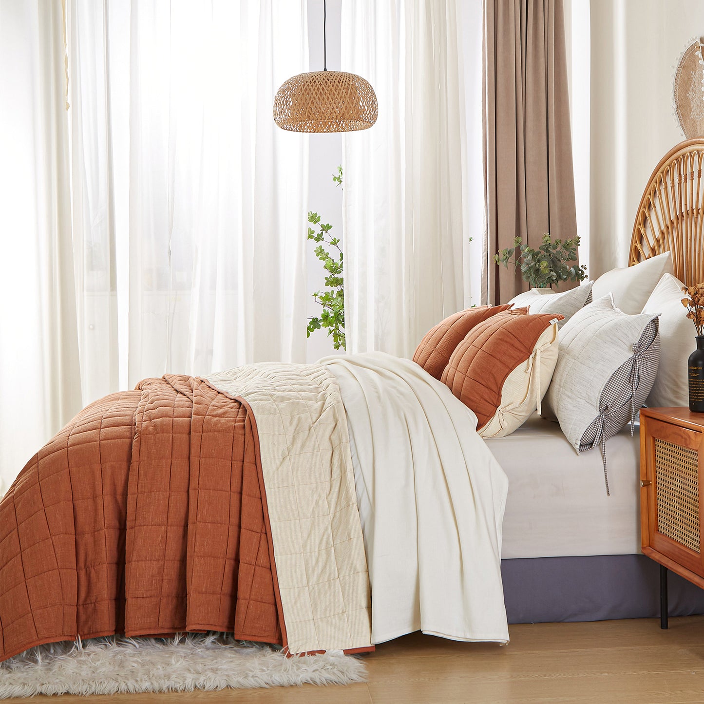 Softpage Quilt set Cotton Linen Burnt Orange Classic Stripe Bed Spreads