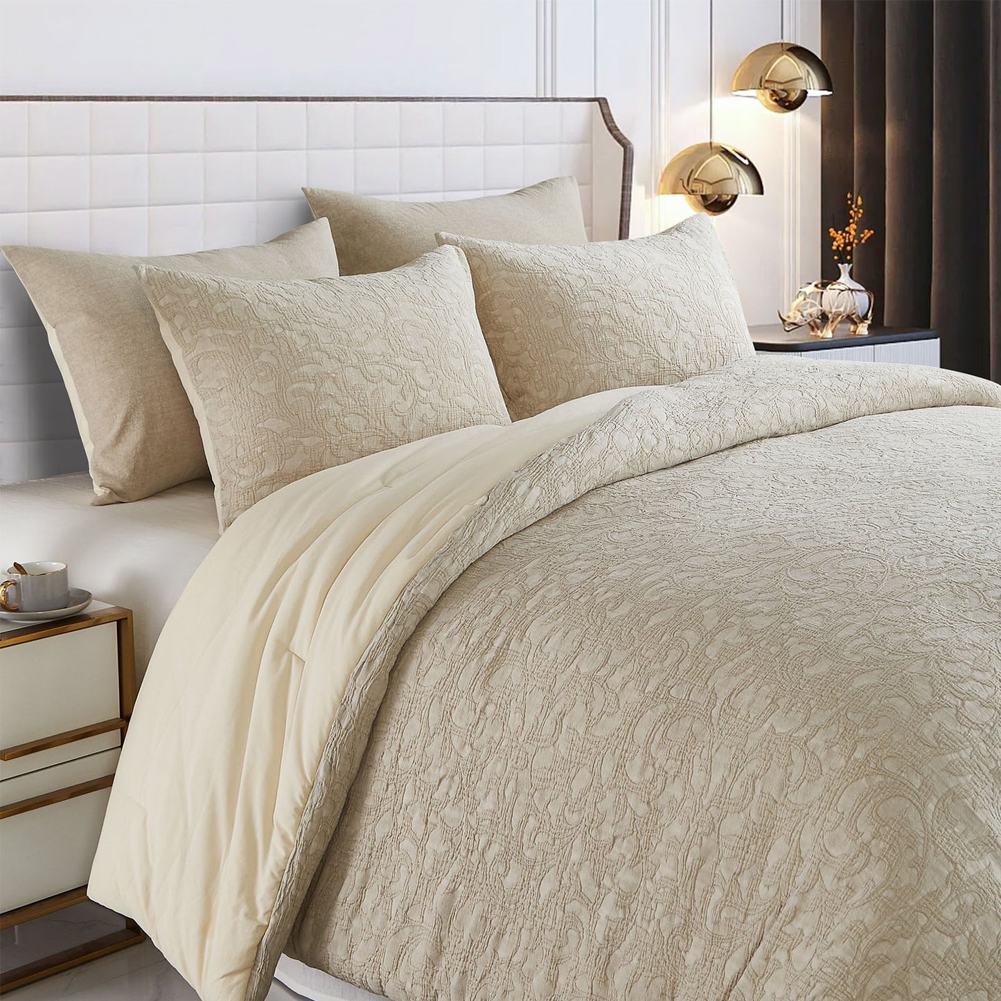 Comforter Set Beige 100% Washed Cotton Jacquard 3 pcs set