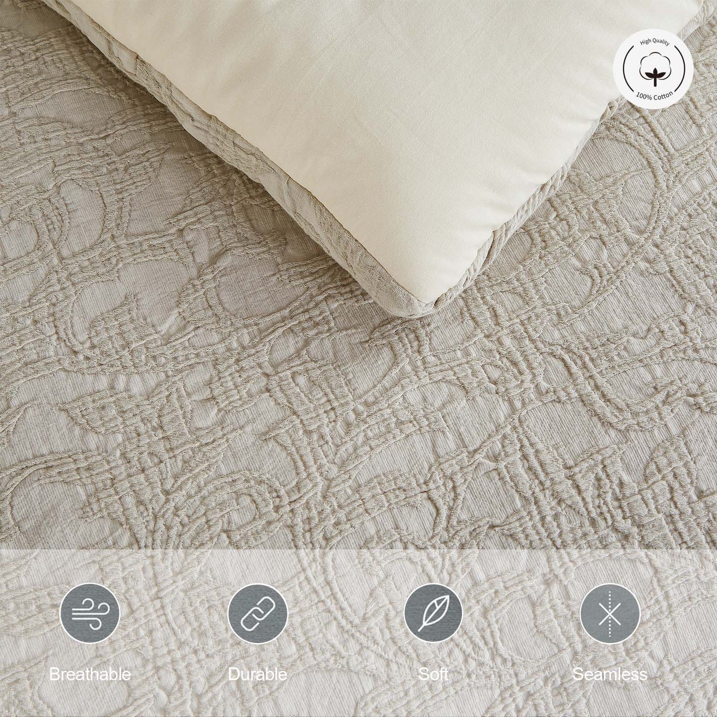 Comforter Set Beige 100% Washed Cotton Jacquard 3 pcs set