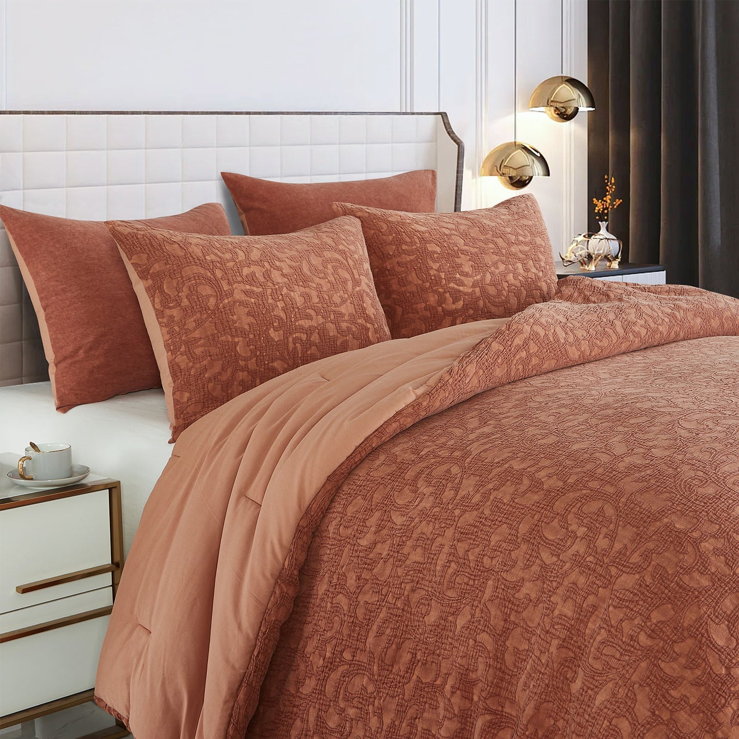 Comforter Set Burnt Orange 100% Washed Cotton Jacquard 3 pcs set