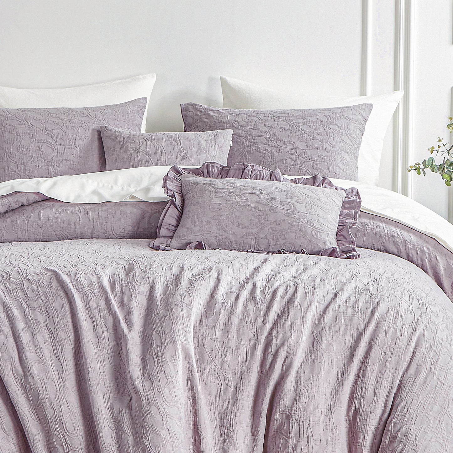 Cotton Queen Comforter Set, Mauve Vintage Farmhouse Comforters Queen Size Pre Washed, Jacquard Comforter Set Bedding 3 Pieces (1 Comforter, 2 Pillowshams)