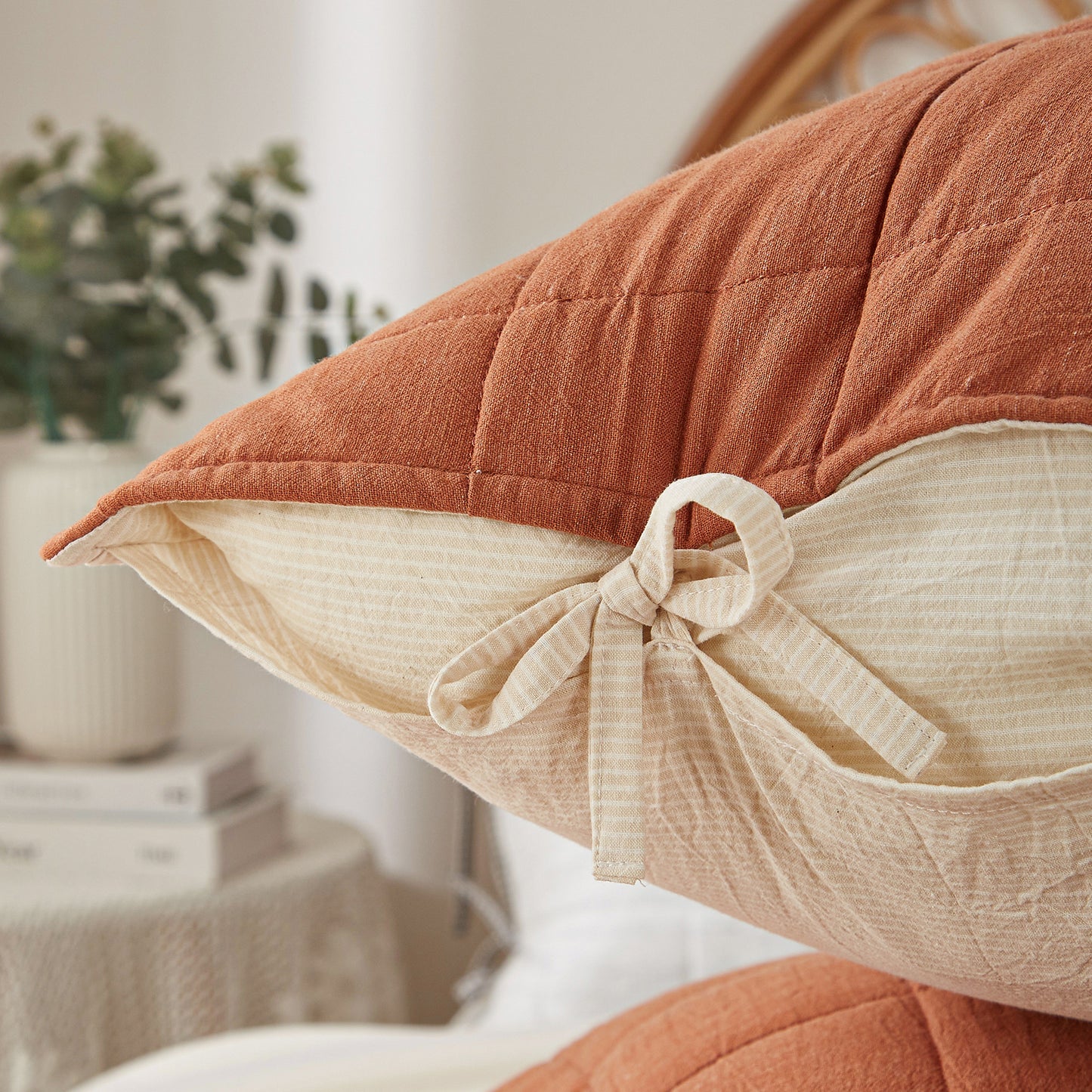 Softpage Quilt set Cotton Linen Burnt Orange Classic Stripe Bed Spreads
