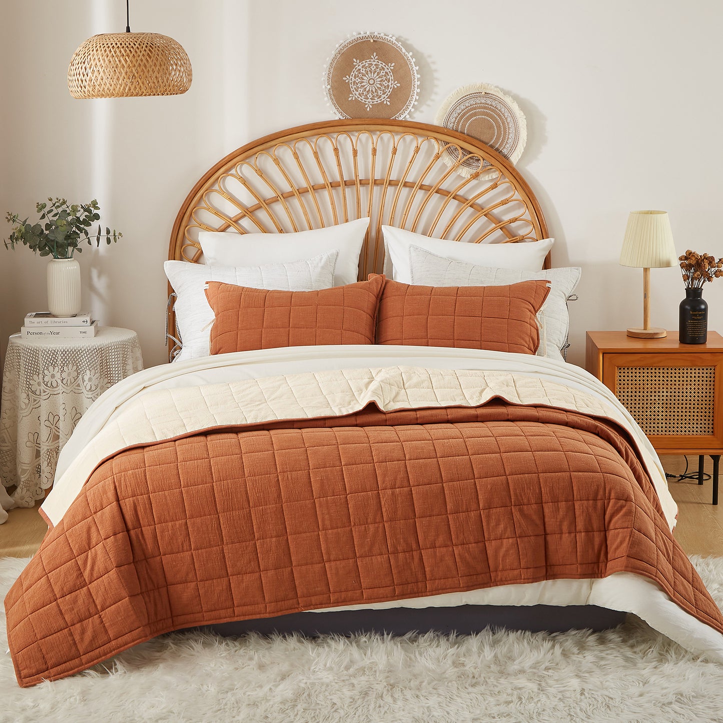 Softpage Quilt set Cotton Linen Burnt Orange Classic Stripe Bed Spreads