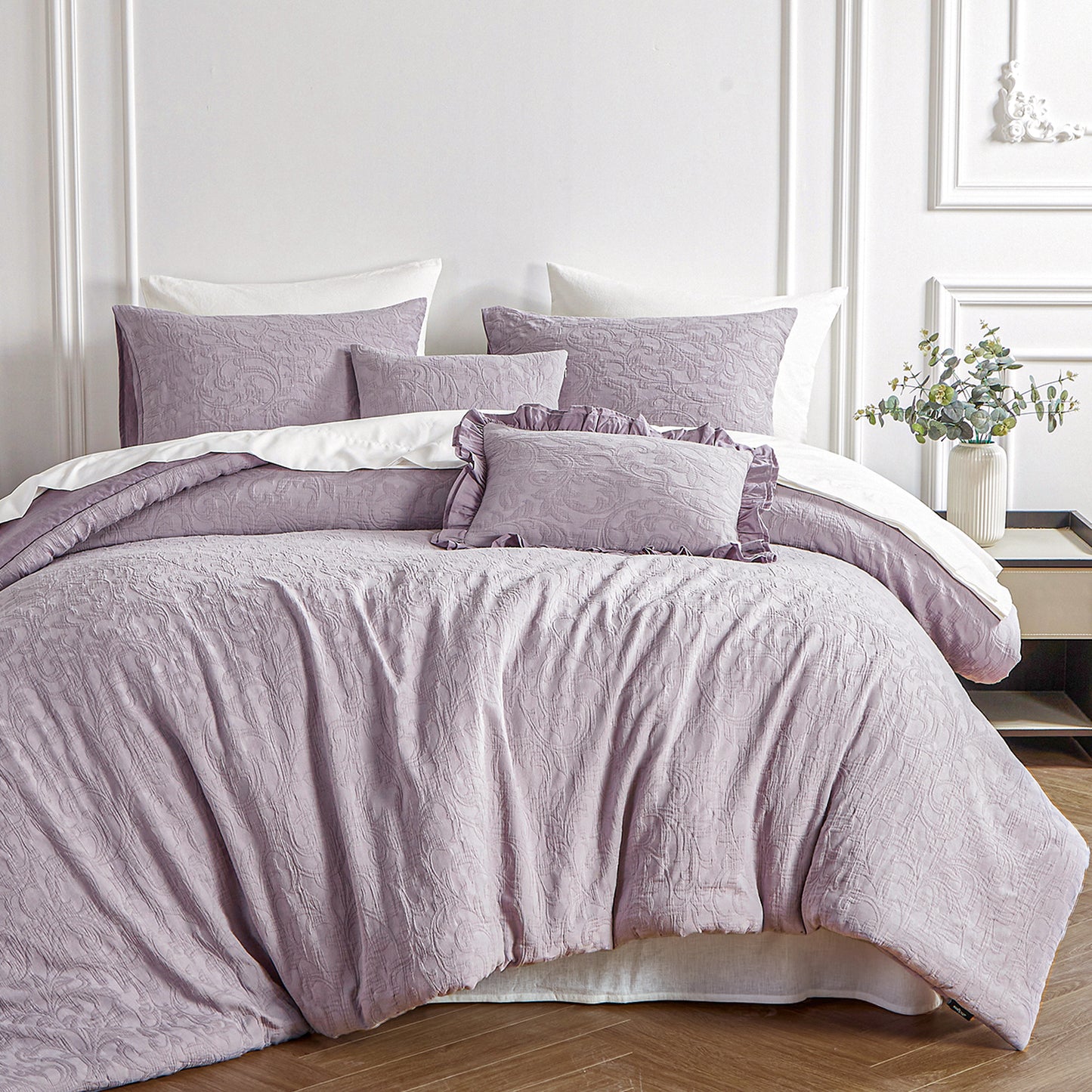 Cotton Queen Comforter Set, Mauve Vintage Farmhouse Comforters Queen Size Pre Washed, Jacquard Comforter Set Bedding 3 Pieces (1 Comforter, 2 Pillowshams)
