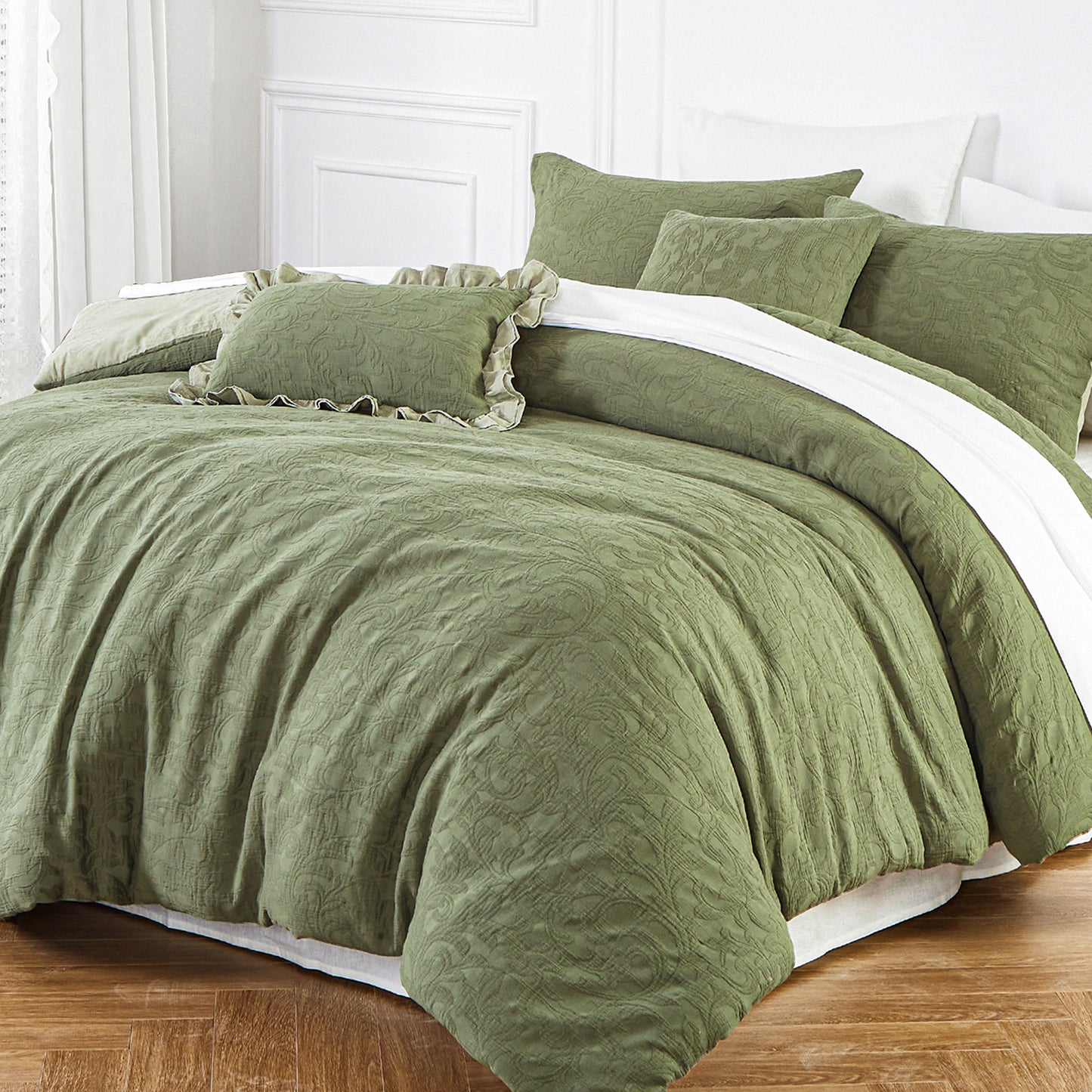 Cotton King Size Comforter Set, Forest Green King Comforter Set Washed Jacquard King Size Comforter 3 Pieces (1 Comforter, 2 Pillowshams)