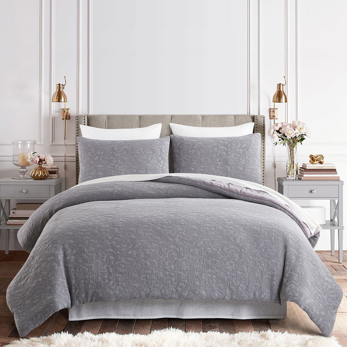 Comforter Set Gray 100% Cotton Stone Washed Jacquard 3 pcs set