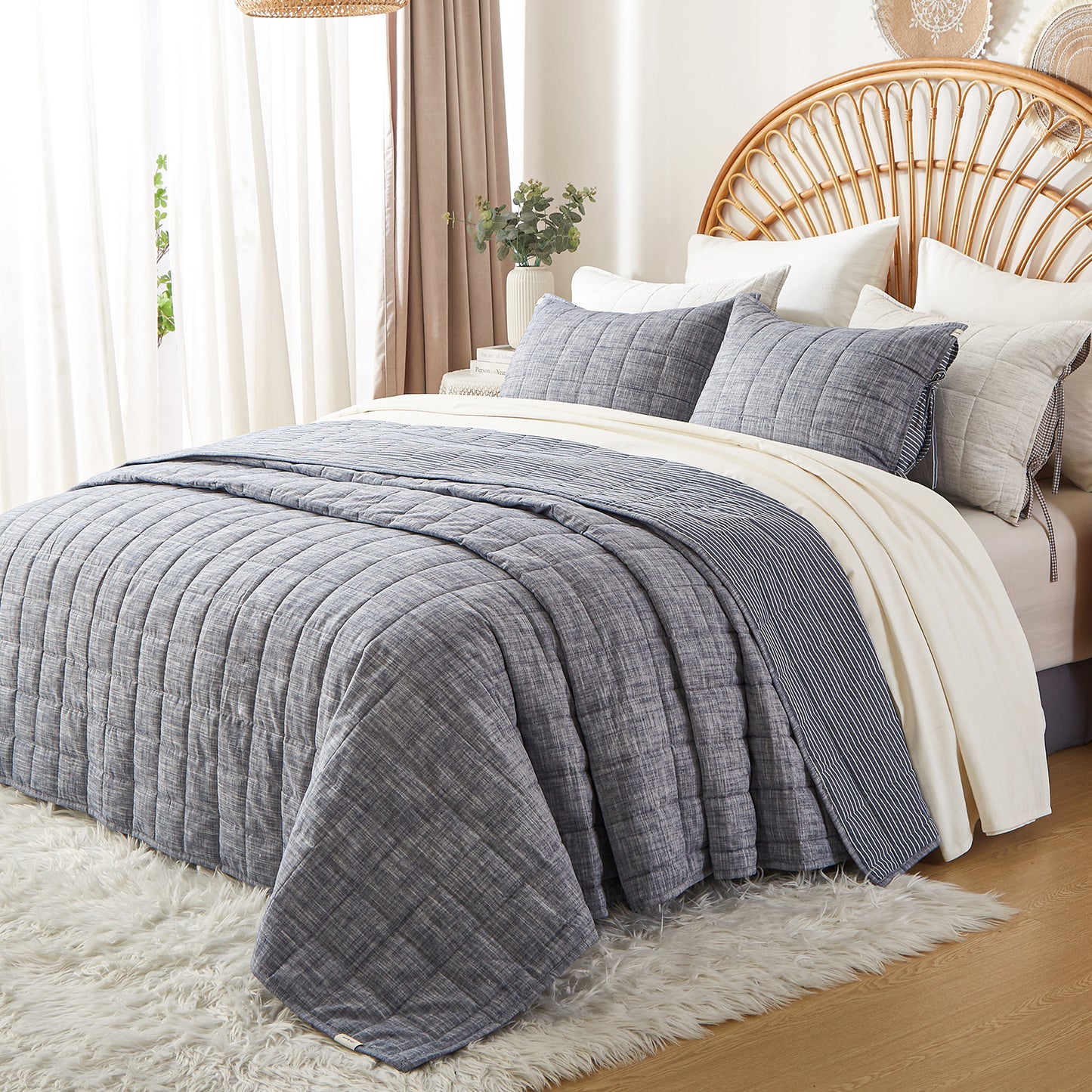 Softpage Quilt set 100% Washed Cotton Denim blue Classic Stripe Bed Spreads