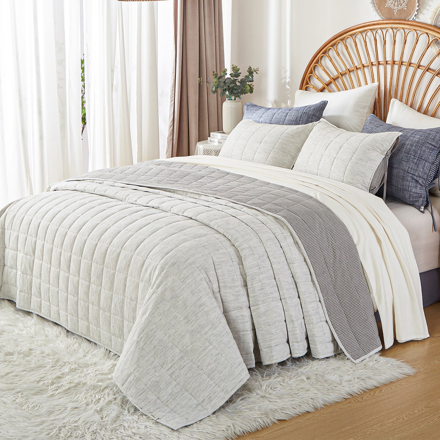 Softpage Quilt set Cotton Linen Melange White Classic Gingam Bed Spreads