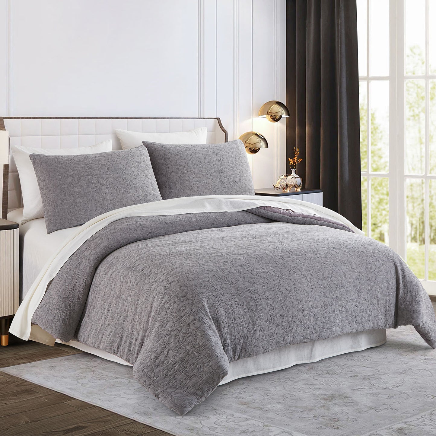 Comforter Set Gray 100% Cotton Stone Washed Jacquard 3 pcs set