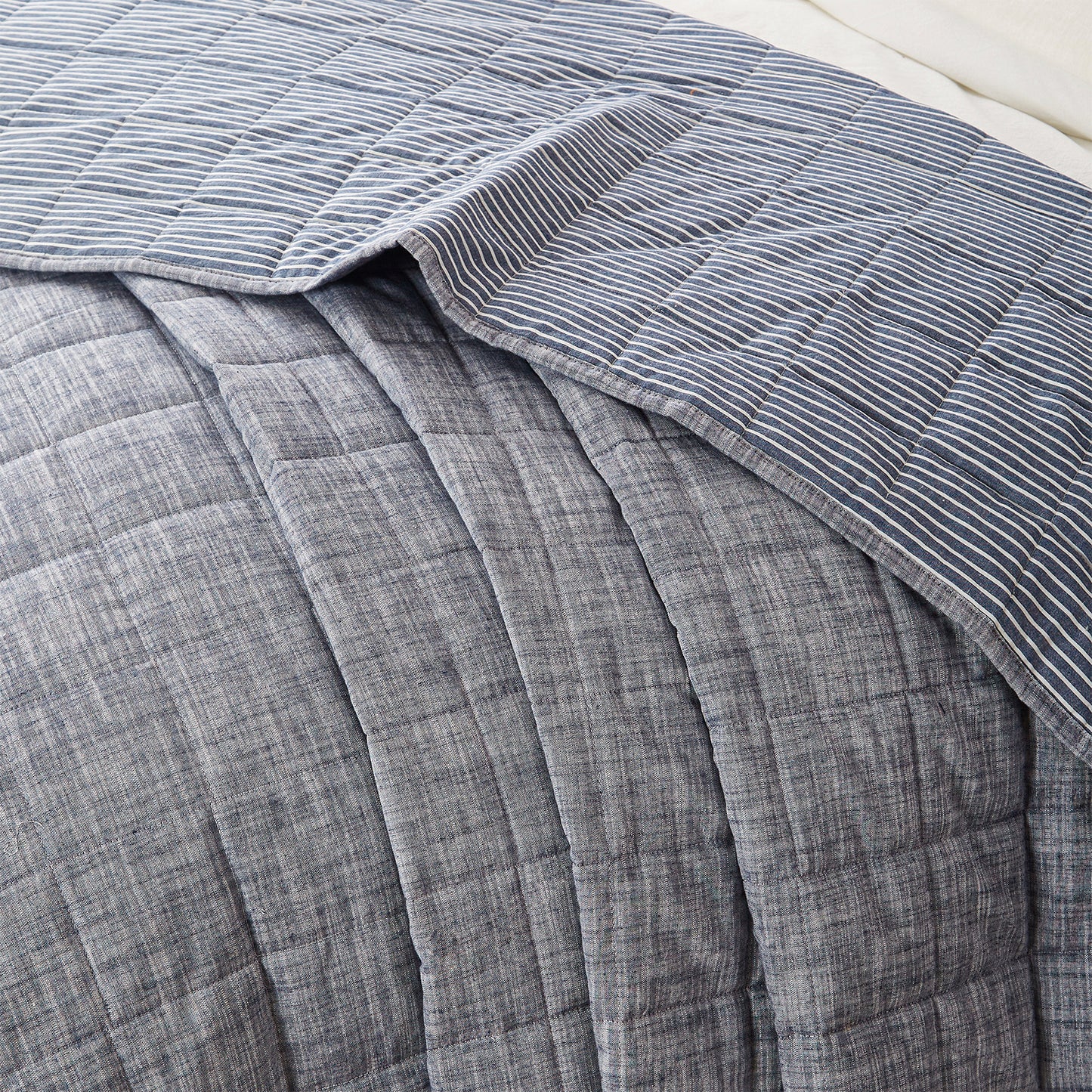Softpage Quilt set 100% Washed Cotton Denim blue Classic Stripe Bed Spreads