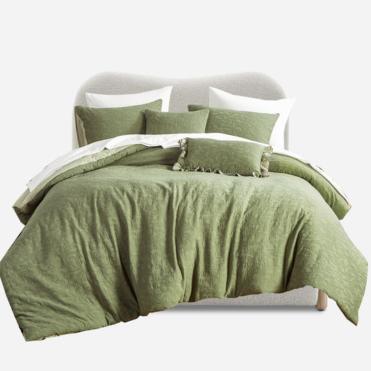 Cotton King Size Comforter Set, Forest Green King Comforter Set Washed Jacquard King Size Comforter 3 Pieces (1 Comforter, 2 Pillowshams)