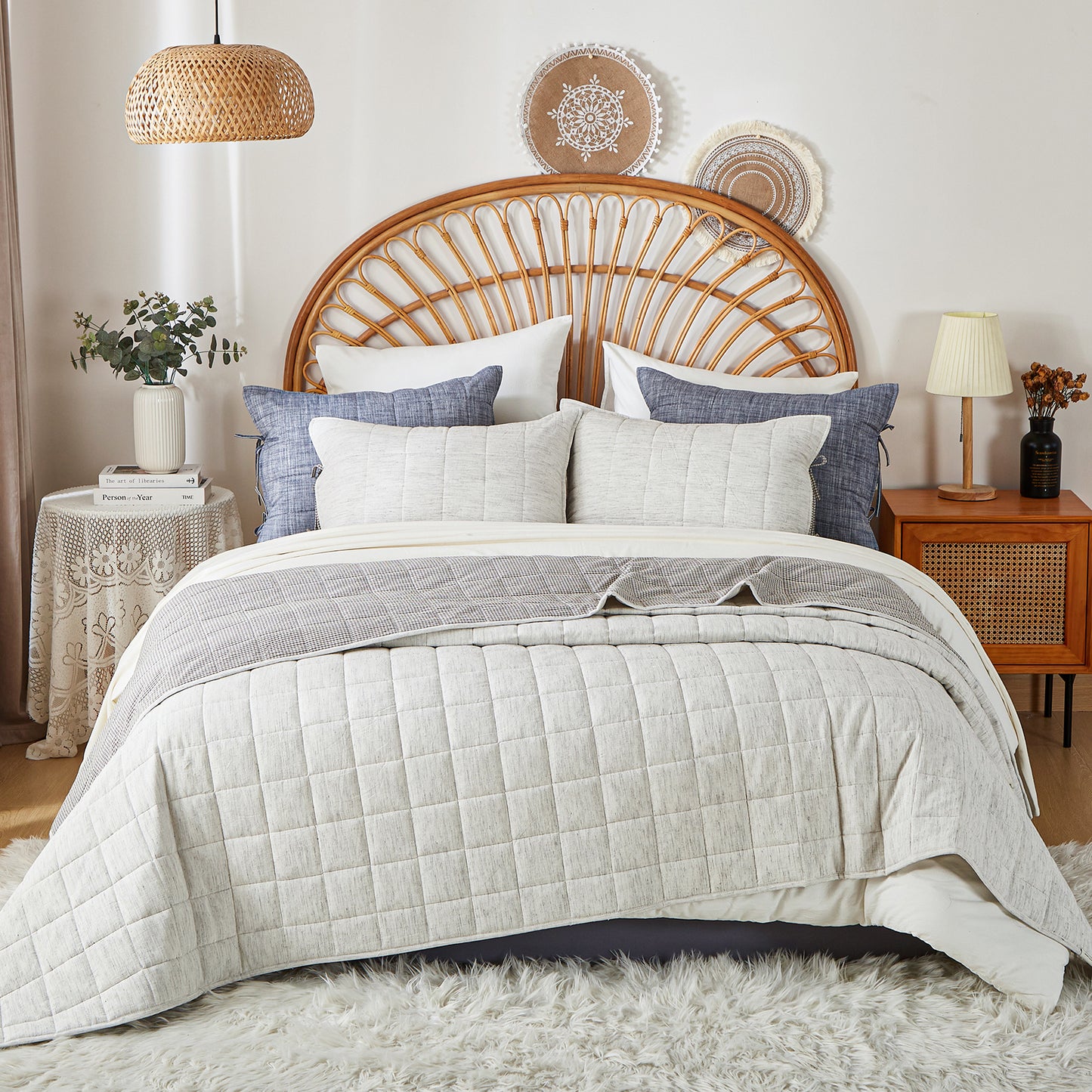 Softpage Quilt set Cotton Linen Melange White Classic Gingam Bed Spreads