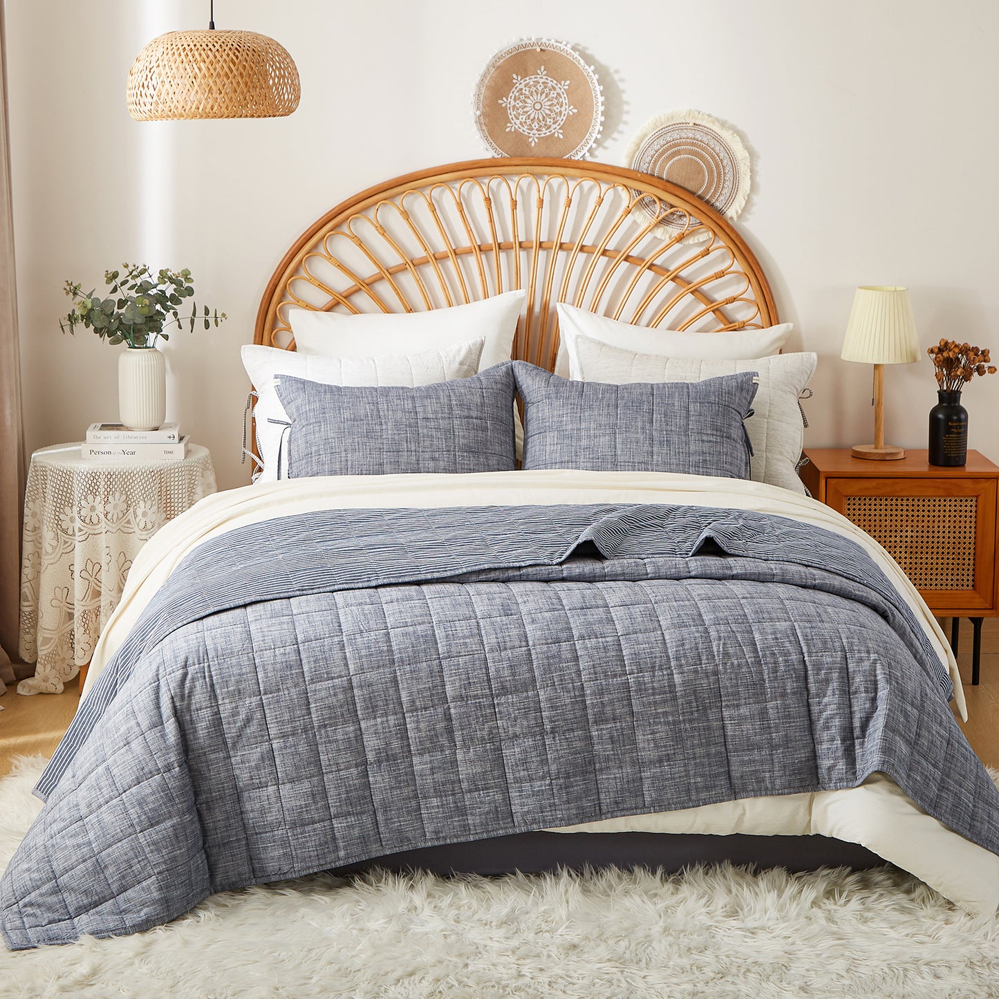 Softpage Quilt set 100% Washed Cotton Denim blue Classic Stripe Bed Spreads